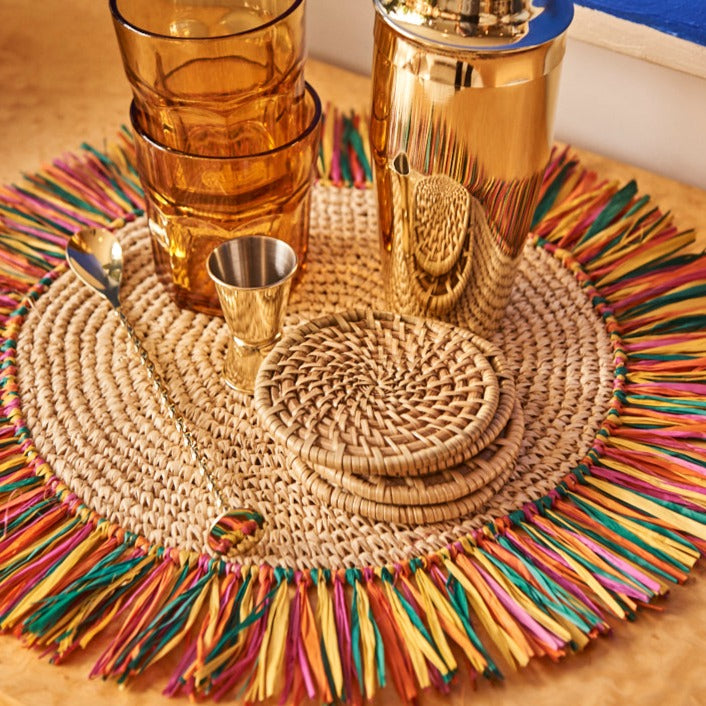 Handwoven Raffia Fringe Placemats — Rainbow, Set of 2