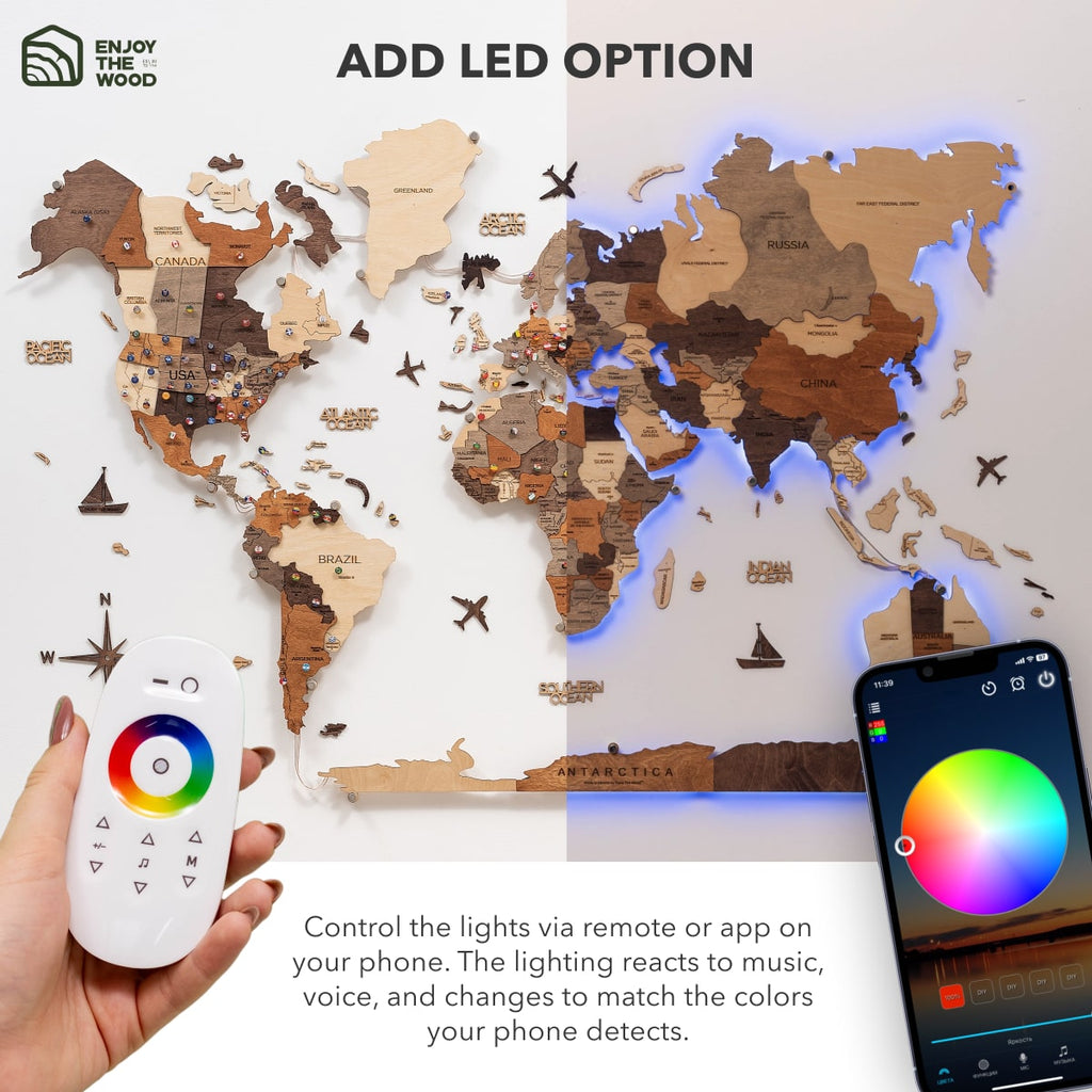 3D LED Wooden World Map 3.0 | Multicolor | Sustainable Birch