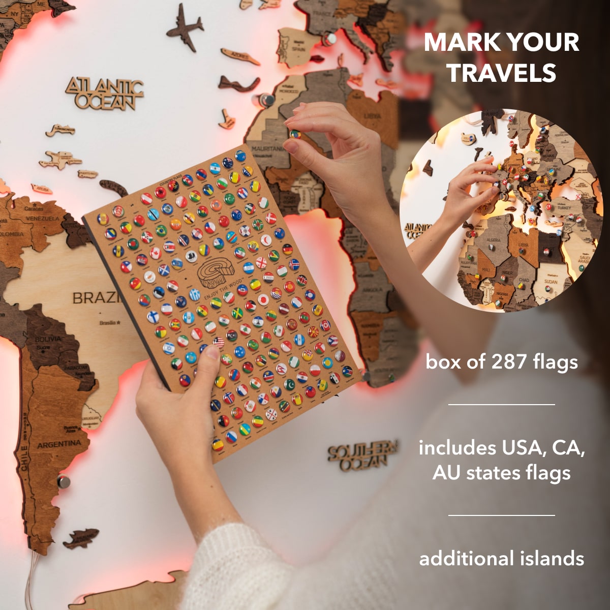 3D LED Wooden World Map 3.0 | Multicolor | Sustainable Birch