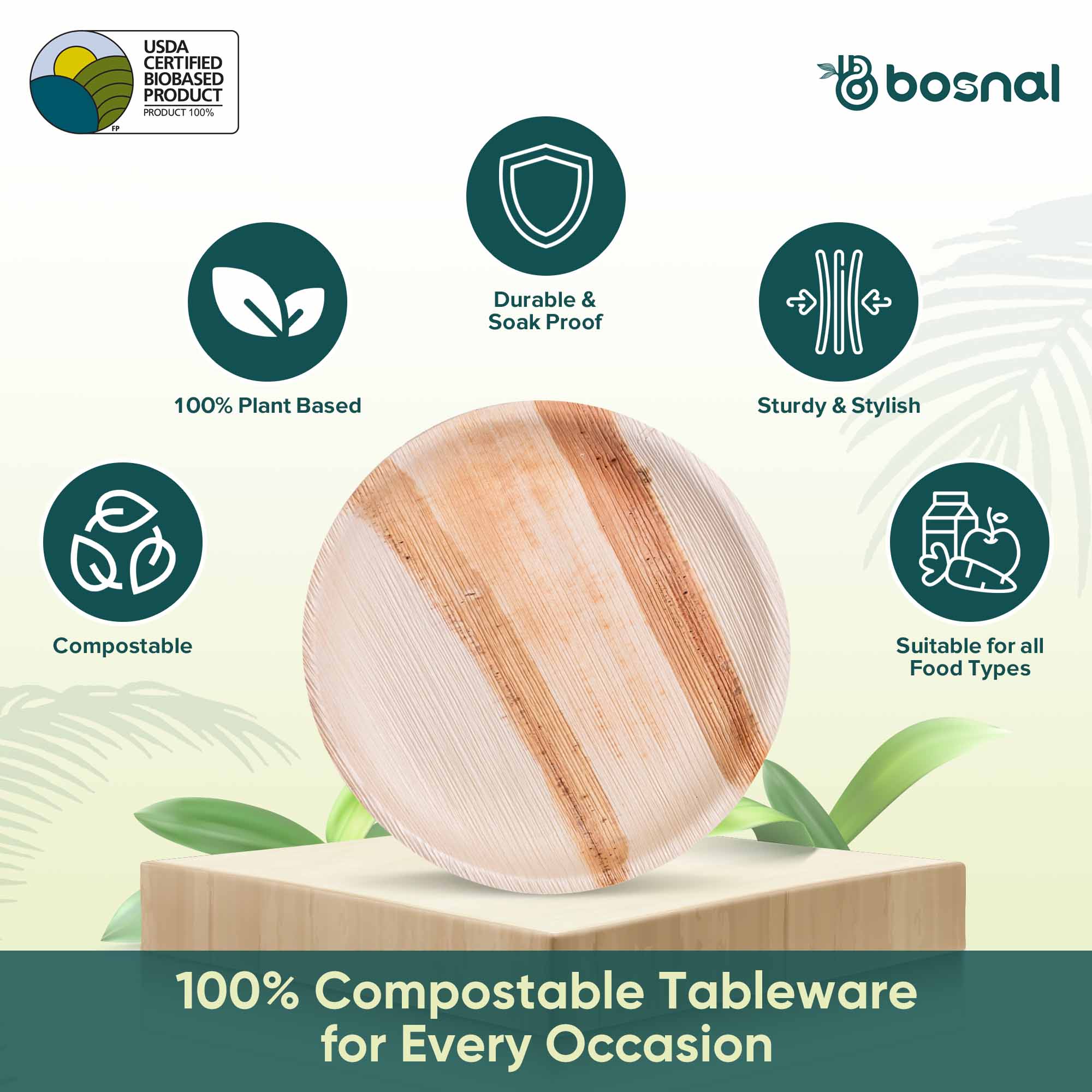 Natural Palm Leaf Plates — 9" Round