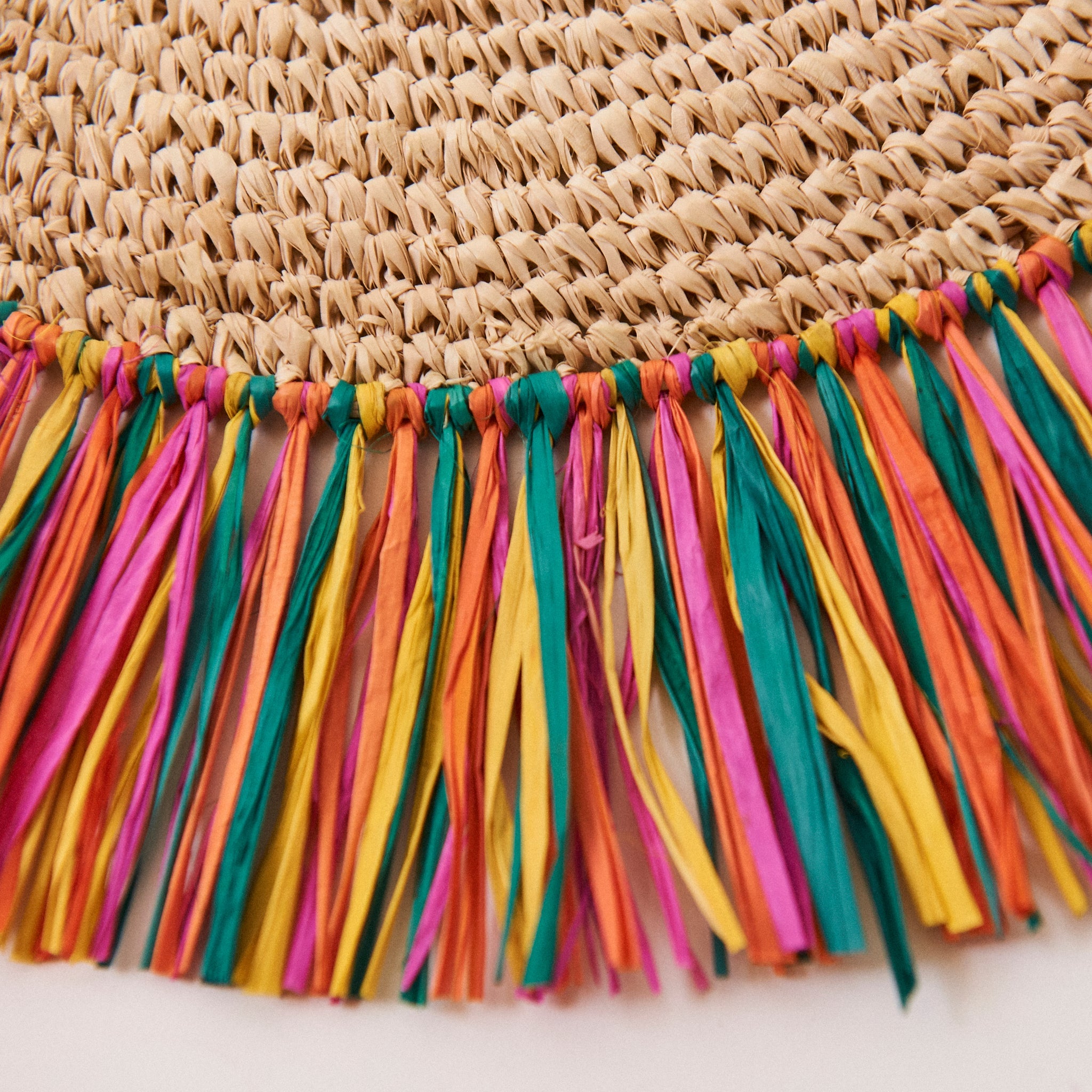 Handwoven Raffia Fringe Placemats — Rainbow, Set of 2