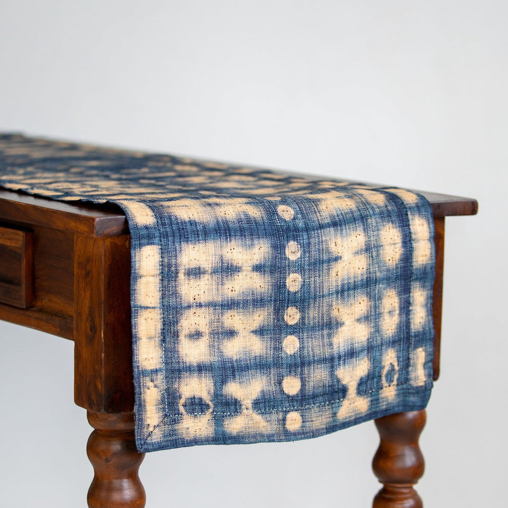 Shibori Raffia Table Runner — Cocoon & Moth, Indigo, 14"x65