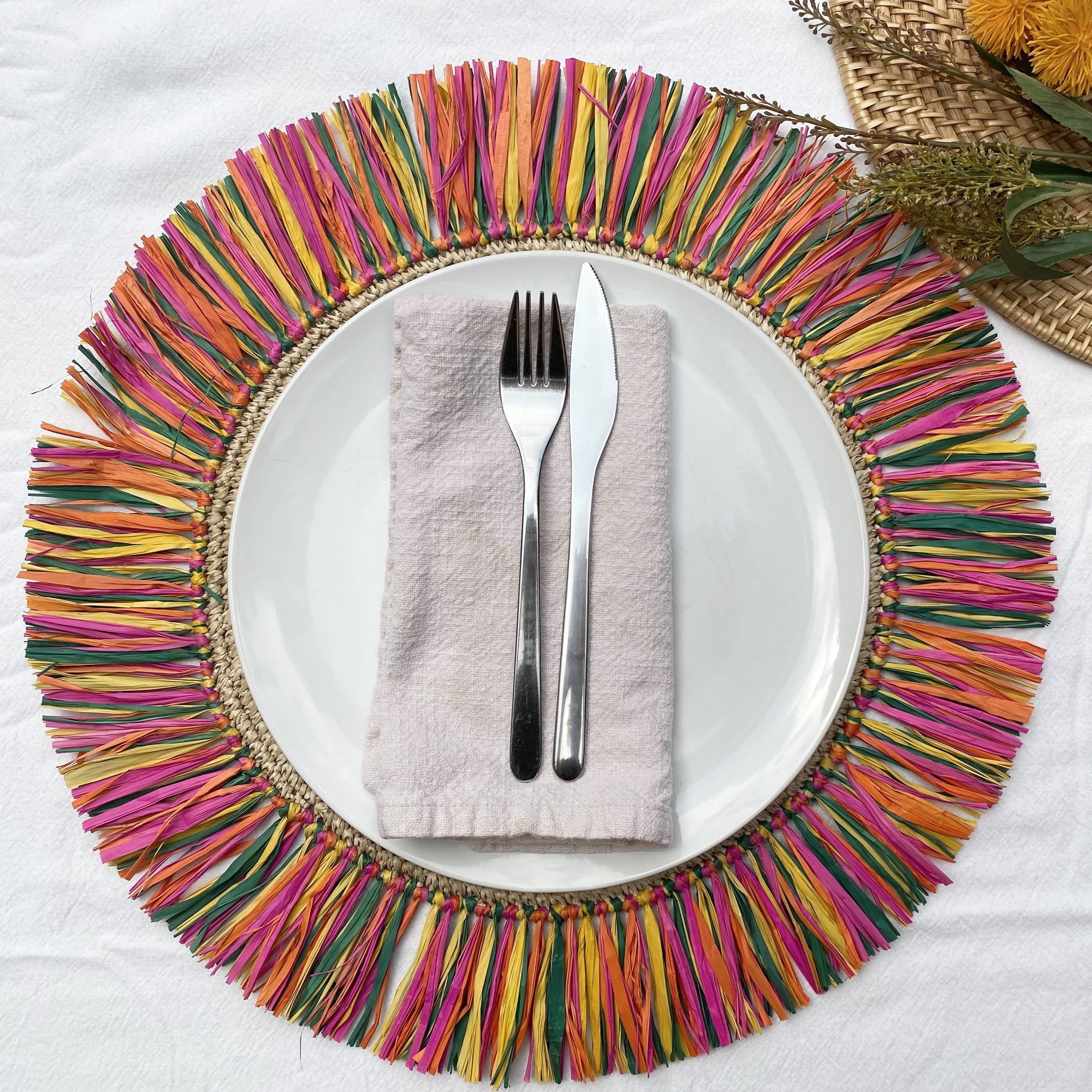 Handwoven Raffia Fringe Placemats — Rainbow, Set of 2