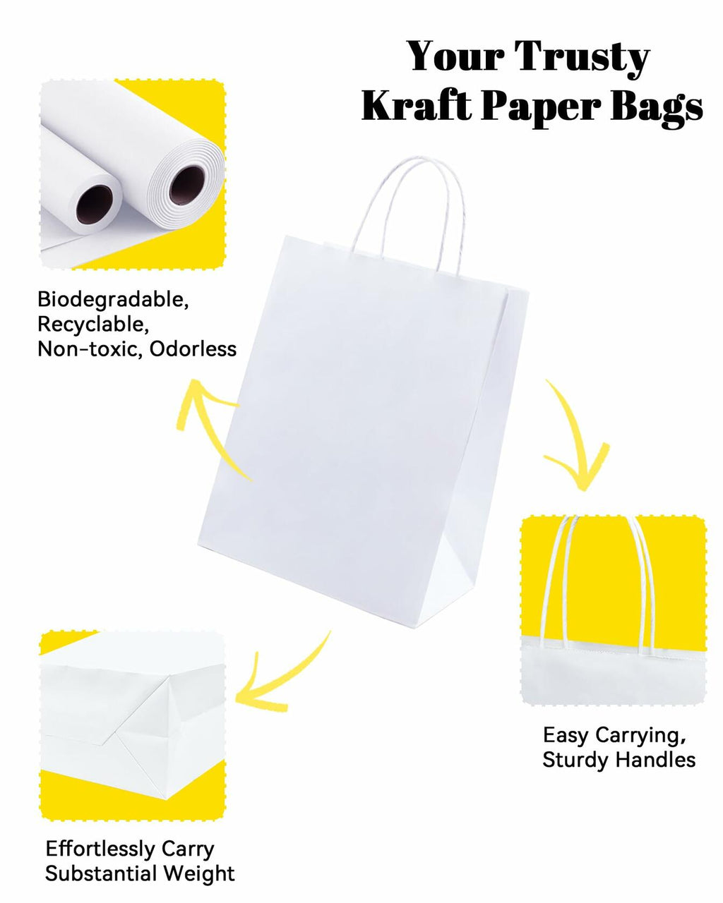 Kraft Paper Gift Bags with Handles — 50-Pack, 8.25x4.3x10.6", White
