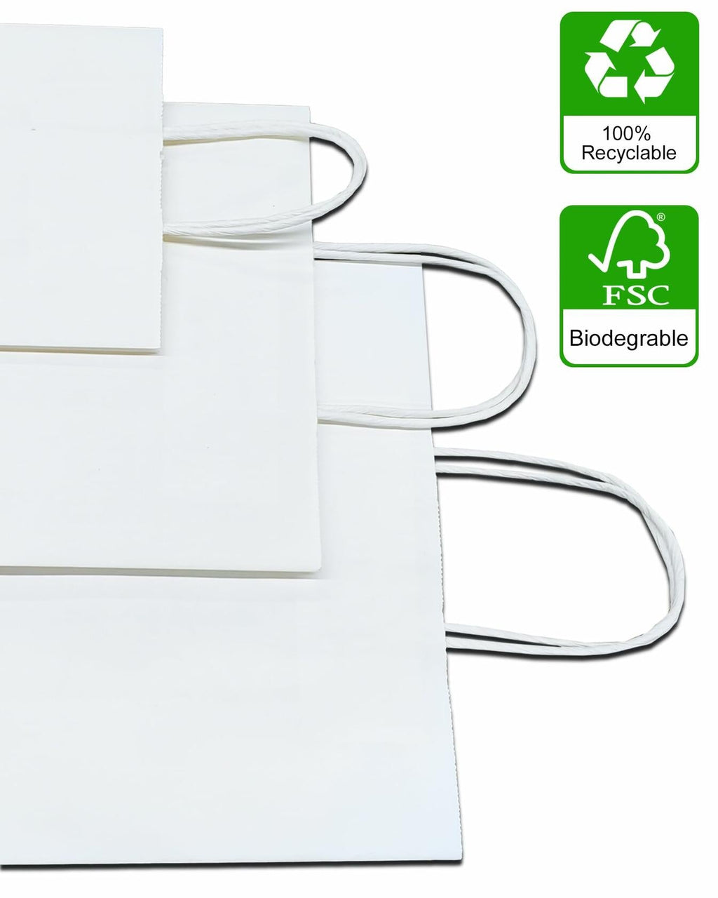 Kraft Paper Gift Bags with Handles — 50-Pack, 8.25x4.3x10.6", White