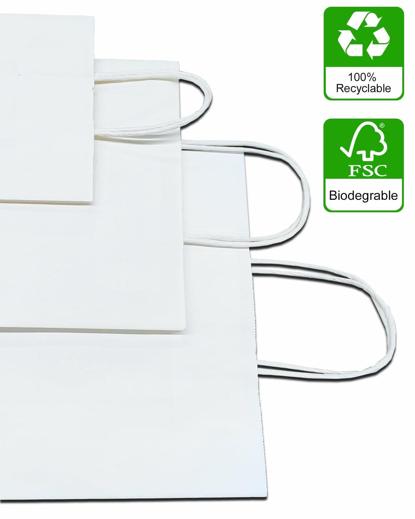 Kraft Paper Gift Bags with Handles — 50-Pack, 8.25x4.3x10.6", White
