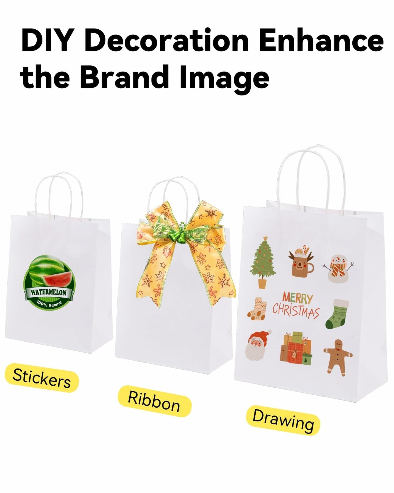 Kraft Paper Gift Bags with Handles — 50-Pack, 8.25x4.3x10.6", White