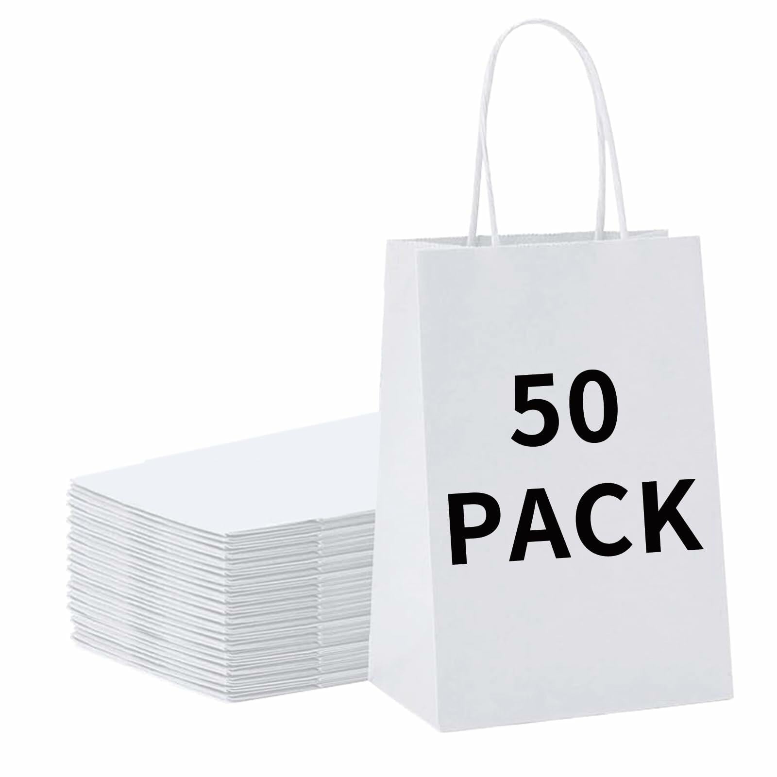 Kraft Paper Gift Bags with Handles — 50-Pack, 8.25x4.3x10.6", White