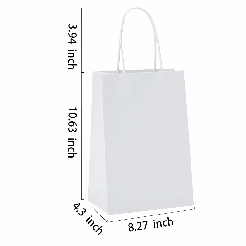Kraft Paper Gift Bags with Handles — 50-Pack, 8.25x4.3x10.6", White