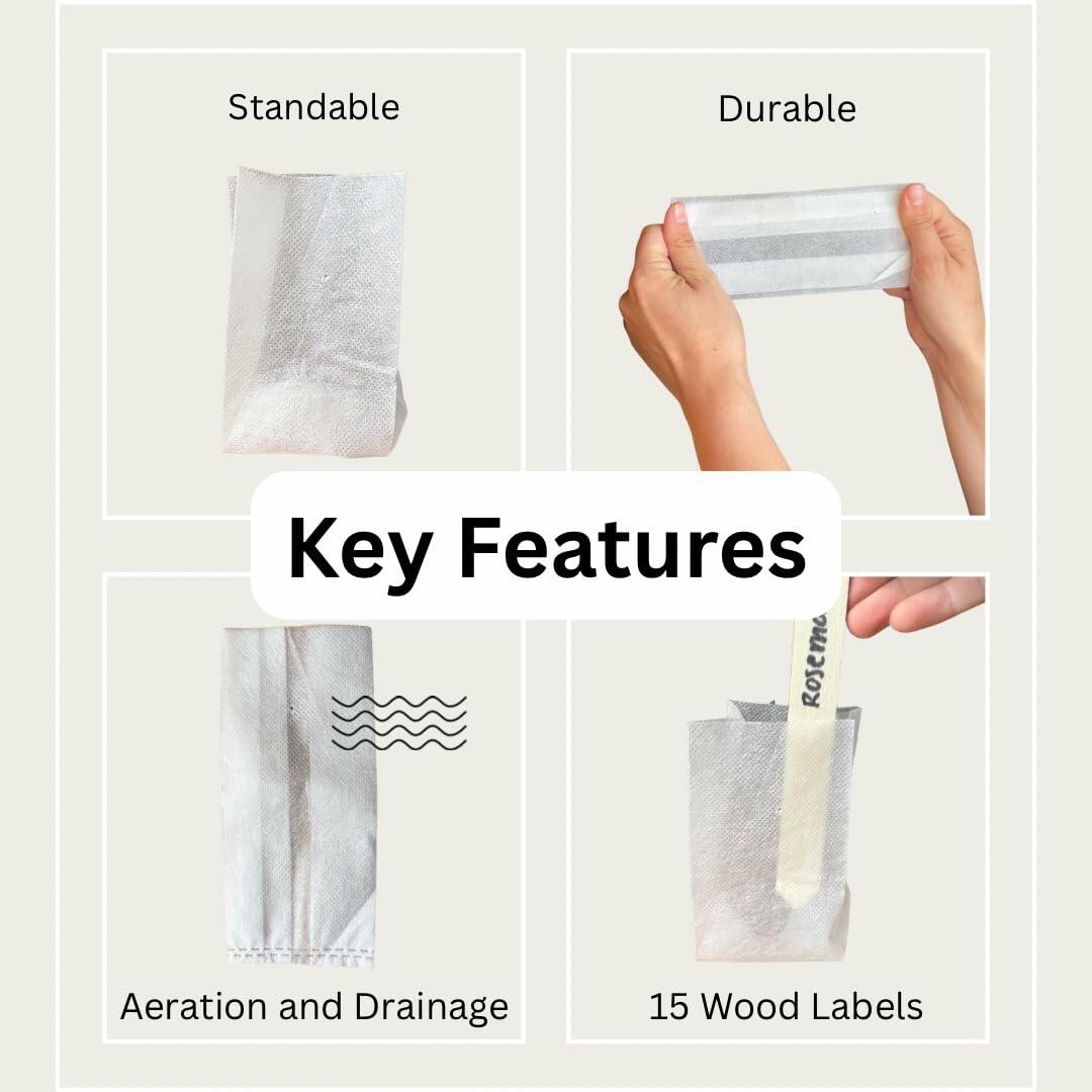 Biodegradable Plant Grow Bags — 15-Pack with Labels, 3.5"