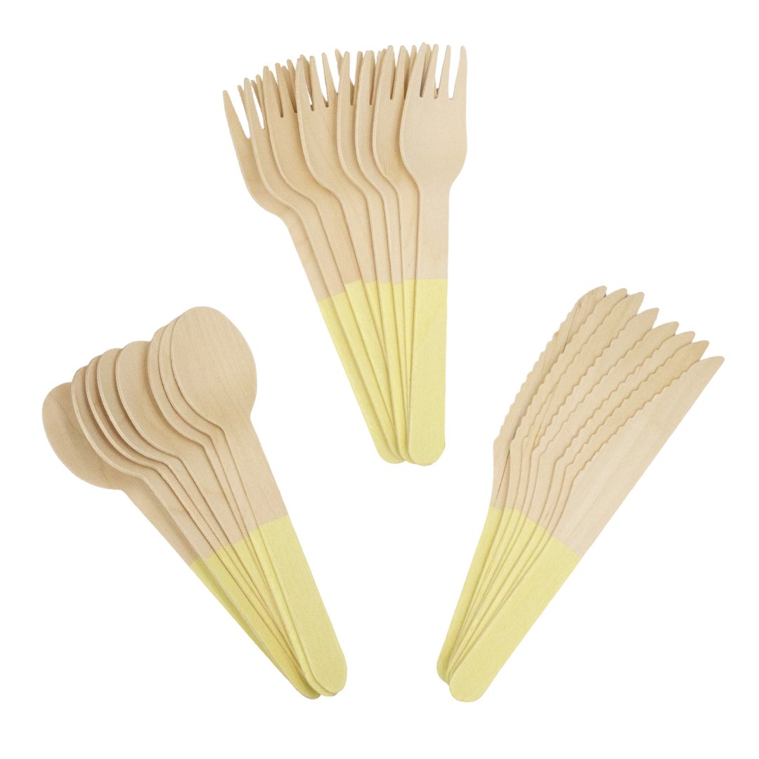 Yellow Dipped Wooden Utensil Set — 24-Piece